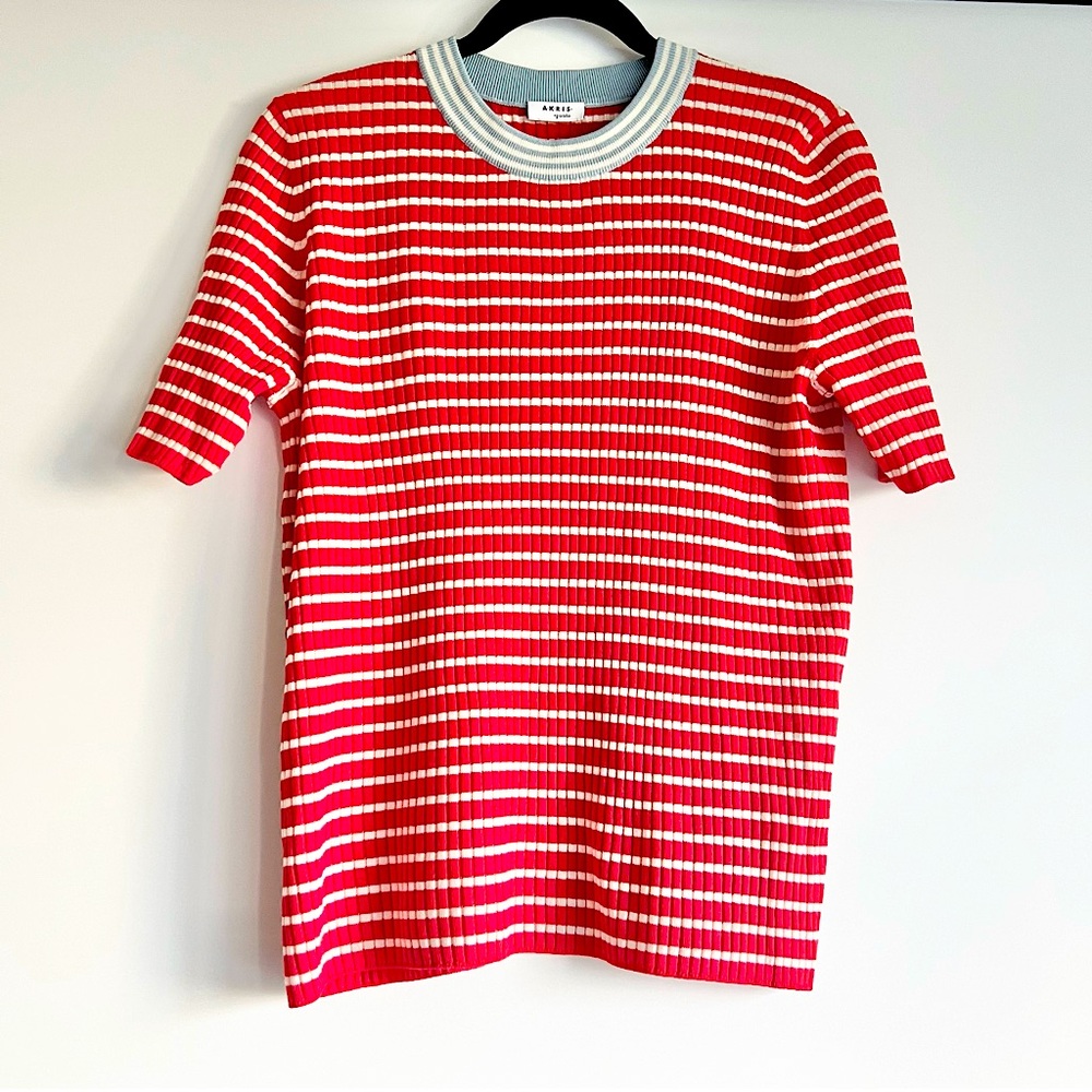 Akris Punto Stripe Rib Short Sleeve Virgin Merino Wool Rib Sweater Size US 12